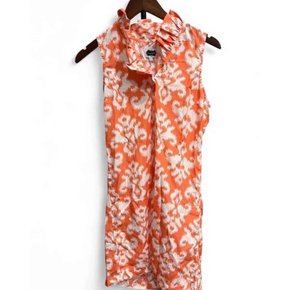 Mud Pie Orange & White Ikat Sleeveless Shirt Dress Size Small Boho Summer